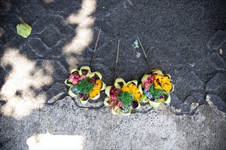Three beautiful colourful opera bowls on the roadside. Flowers as an offering in Ubud