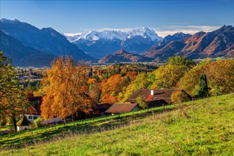 Autumn landscape near Hagen with Zugspitze group 2962m in the Wetterstein mountains