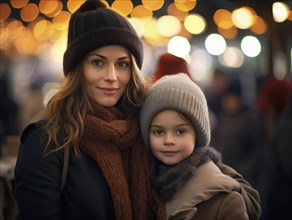 Mother and daughter at the Christmas market. They are wearing a hat