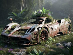 Abandoned rusty expensive atmospheric super car as circulation banned for co2 emission 2030 agenda