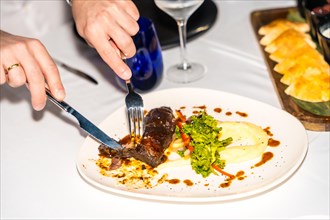 Top view of a man cutting meat in a luxury restaurant