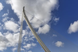 White cable-stayed bridge in the shape of a harp