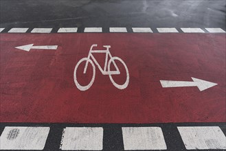 Red marked cycle path on a district road