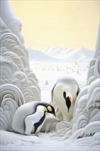 Emperor penguin with chick in a snowy environment
