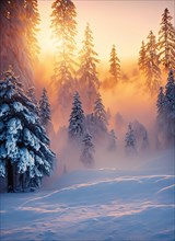 Sunlit foggy fir forest covered with snow in a cold winter morning. Magical colors of the sunrise beams piercing through the white trees
