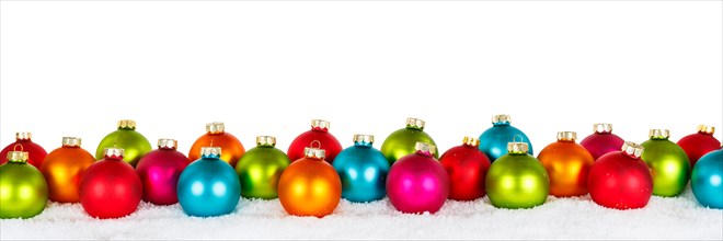 Christmas with colourful Christmas baubles banner with text free space Copyspace decoration cropped in front of a white background in Stuttgart