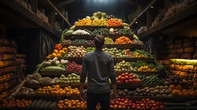 Back view of a young adult man standing amid A towering bountiful display of fresh produce. generative AI
