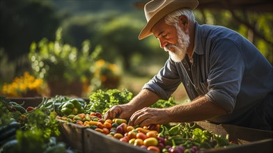 Bearded farmer tending to his fresh and bountiful produce harvest crates. generative AI