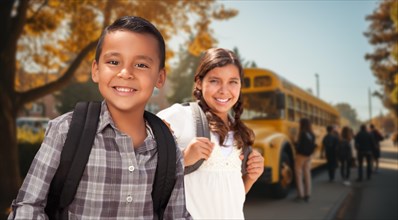 Happy young hispanic boy and girl wearing backpacks near a school bus on campus