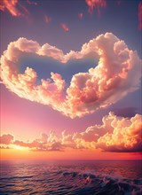 Heart shape cloud above the ocean in a pink sunrise light. Calm morning seaside. Magical scene