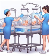 Illustration depicting medical staff people at the hospital take care of newborn baby ai generated