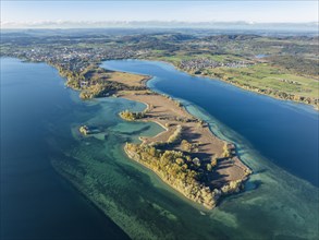 Aerial view of the Mettnau peninsula with autumn vegetation