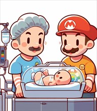 Illustration depicting couple of persons at the hospital neonatology paediatrics take care of newborn