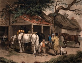 The blacksmith in his forge with a horse for shoeing