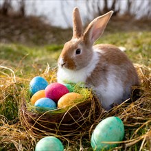 The Easter bunny sits at a nest with Easter eggs