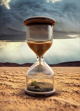 Hourglass with sand on a dry desert field and storm clouds above. Time passing concept