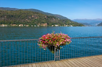Elevated Walkway with Flowers on the Railing on Lake Lugano with Mountain in a Sunny Summer Day in Porto Ceresio