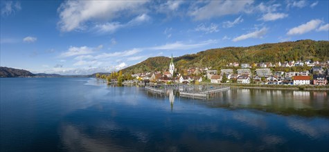 Aerial panorama of the village of Sipplingen on Lake Constance with autumn vegetation