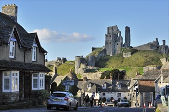 Ruins of the medieval Corfe Castle on the Isle of Purbeck along the Jurassic Coast in Dorset