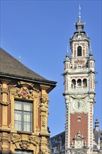 Decorated historical facade and bell tower of Chamber of Commerce at the quarter Vieux-Lille