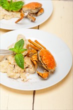 Fresh homemade Italian gnocchi with seafood sauce crab and basil