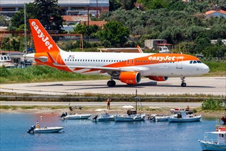 An EasyJet Airbus A320 aircraft with the registration number OE-ICW at Skiathos Airport