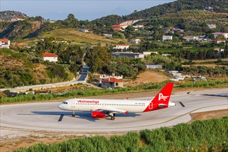 An Animawings Airbus A320 aircraft with the registration YR-AGA at Skiathos Airport