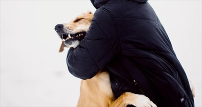 Homeless red dog happily hugs his new owner in a shelter for stray dogs