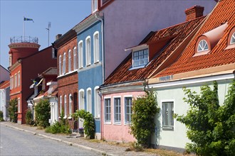 Historical and colourful houses with facades decorated with flowers in the town Ystad