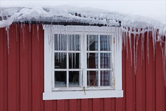 Icicles hanging from frozen gutter in front of window of red wooden cabin in winter