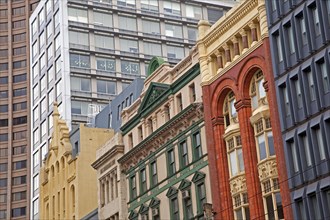 Colourful colonial buildings and skyscrapers in the city center of Melbourne