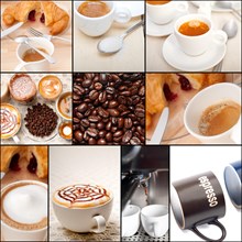Selection of different coffee type on collage composition nested black frame