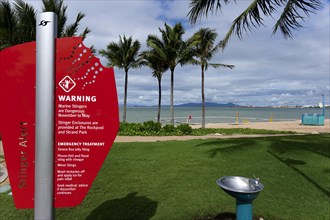 Warning sign against dangerous jellyfish on the beach