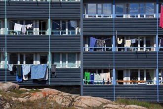 Clotheslines with laundry in the town Ilulissat