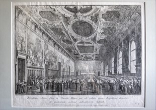 Historical illustration of the Sala Del Maggior Consiglio at the meeting of the Grand Council