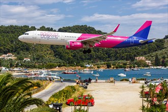 A Wizzair Airbus A321 aircraft with the registration HA-LTF at Skiathos Airport