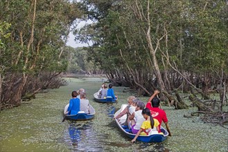 Tourists in small boats looking for wildlife in flooded mangrove in the Tra Su Cajuput Forest