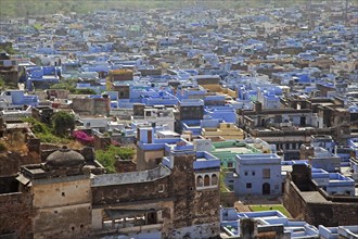 View over the old town Bundi and the blue houses of the Brahmin caste