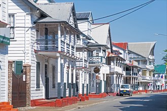 White wooden houses in Dutch colonial style in the historic inner city of Paramaribo