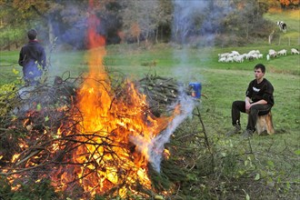 Working youngsters making huge fire by burning prunings