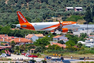 An EasyJet Airbus A320 aircraft with the registration number OE-ICW at Skiathos Airport