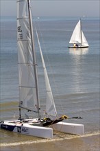 Catamaran sailboat on beach along the North Sea coast