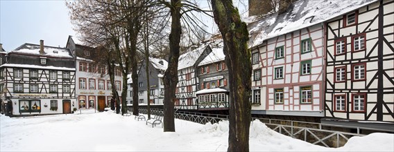 Half-timbered historic houses along the Rur river at Monschau