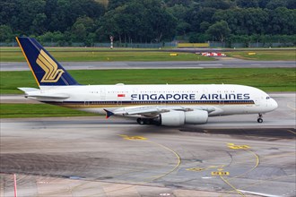 A Singapore Airlines Airbus A380-800 aircraft with the registration 9V-SKU at Changi Airport