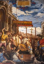 Historical painting of the Pope in Venice in front of St Mark's Basilica