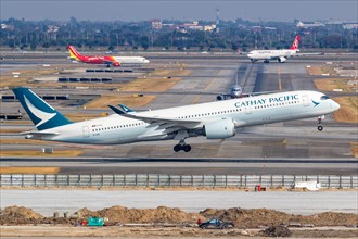 A Cathay Pacific Airbus A350-900 aircraft with registration B-LRQ at Bangkok Suvarnabhumi Airport