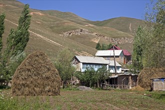 Haystack in field near rural Kyrgyz village in the mountains in the Osh Province