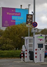 Charging station and large poster for climate steel at the ThyssenKrupp Steel Europe plant