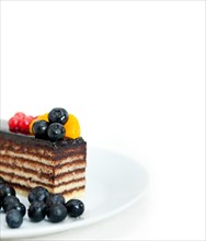 Chocolate cake and fresh fruit on top closeup macro
