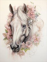 A serene and elegant illustration of a horse's head surrounded by soft-colored floral elements Ai generated